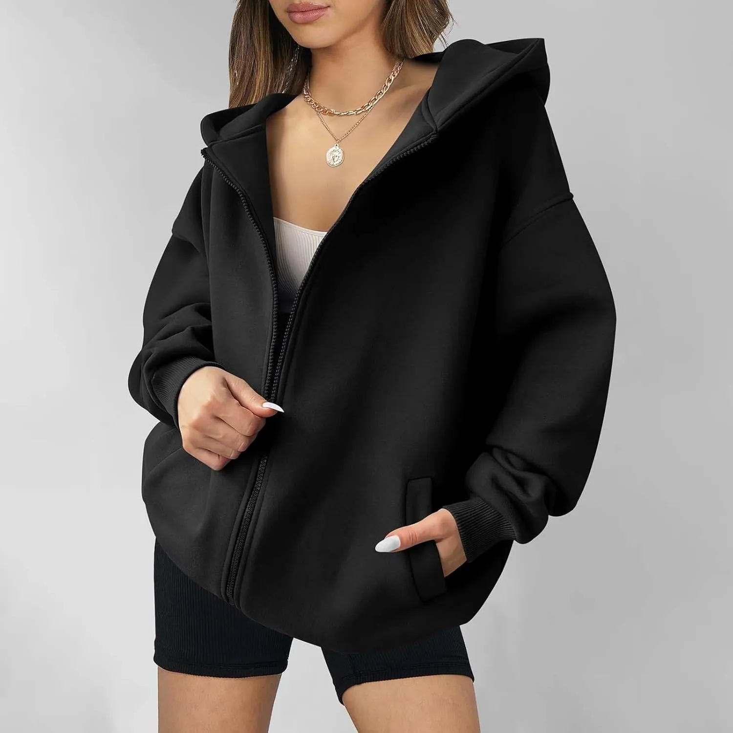 Shacket Womens Tops Long Sleeve Zip Up Hoodies Solid Loose Basic Tees Daily Casual Teen Girls' Fashion Sweatshirts