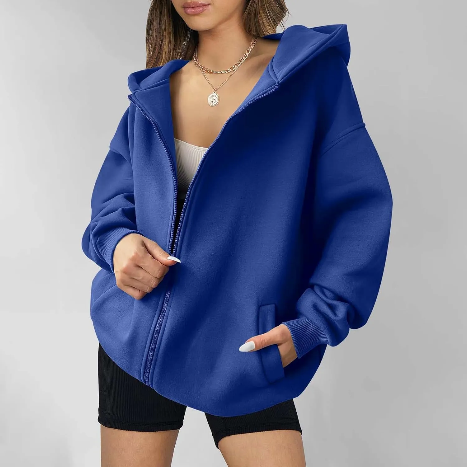 Shacket Womens Tops Long Sleeve Zip Up Hoodies Solid Loose Basic Tees Daily Casual Teen Girls' Fashion Sweatshirts