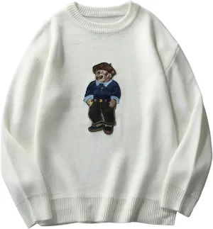 SHENHE Men's Oversized Crew Neck Cute Bear Sweater Vintage Unisex Preppy Sweater Jumper