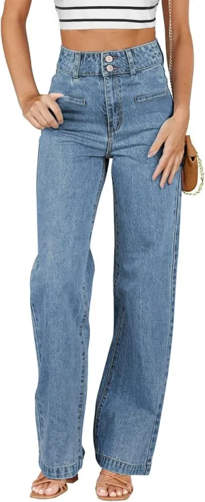 Sidefeel Women's Wide Leg Jeans High Waisted Straight Leg Stretchy Zimbaplatinum Trendy Loose Denim Pants Blue Size 4
