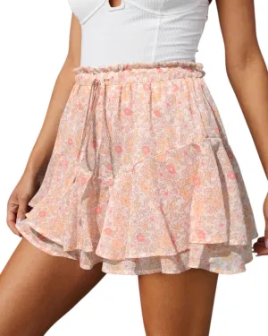 Siliteelon Flowy Boho Floral Skorts Ruffle Mini Chiffon Shorts for Women - Casual, Running, Tennis