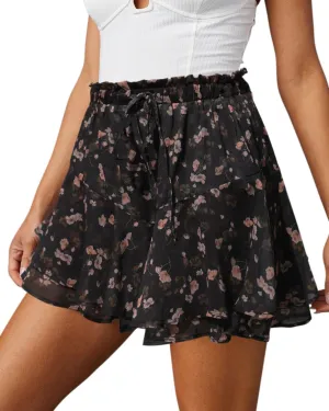 Siliteelon Flowy Boho Floral Skorts Ruffle Mini Chiffon Shorts for Women - Casual, Running, Tennis