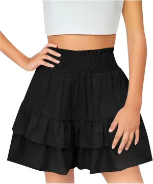 Skorts for Girls High Waisted Smocked Ruffle Mini Skirts Summer Cute Tiered Shorts Trendy School Tennis Golf Skorts