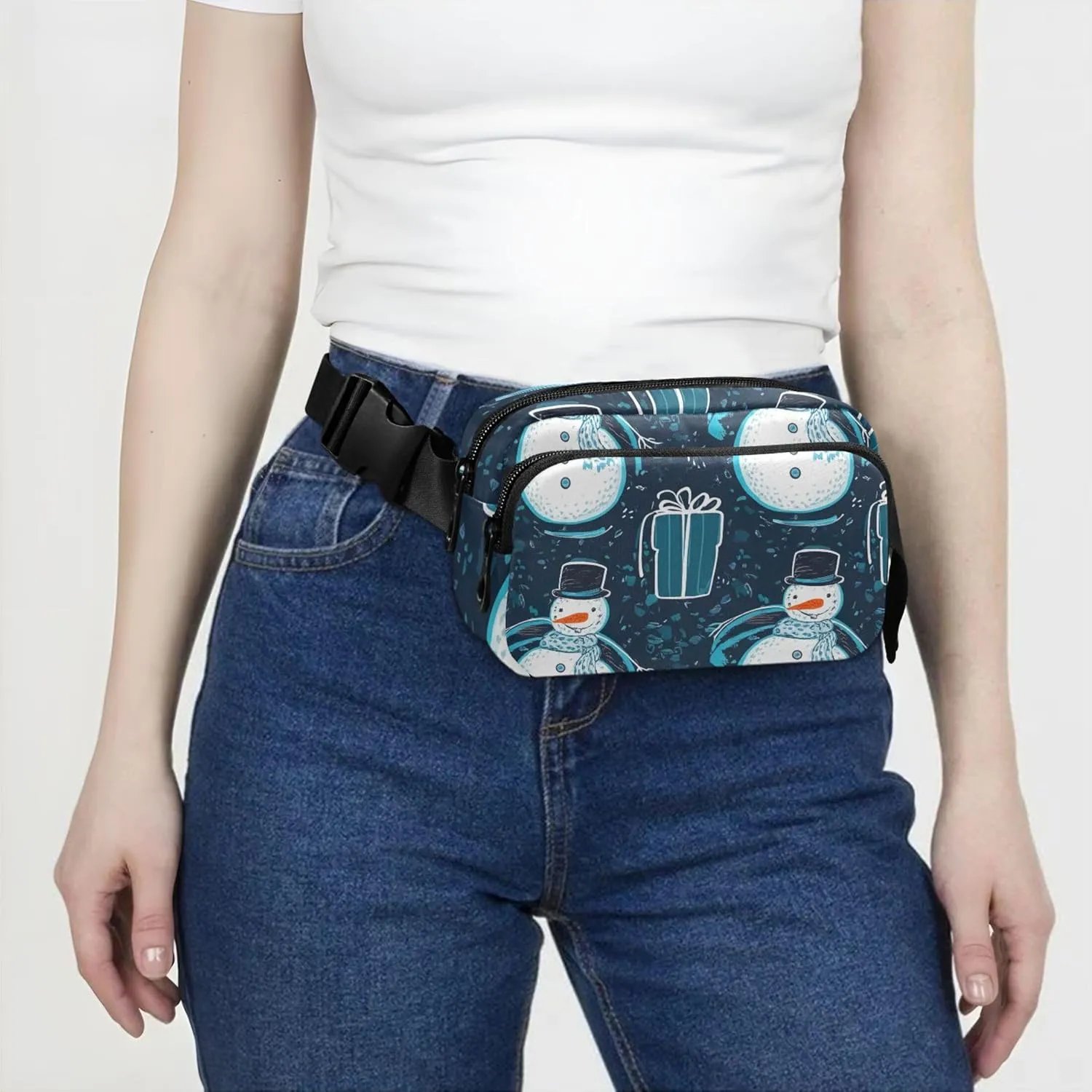 Snowman Christmas Gift Blue Women Fanny Pack Waterproof Belt Bag Hip Pouch Cute Travel Waist Pack for Men
