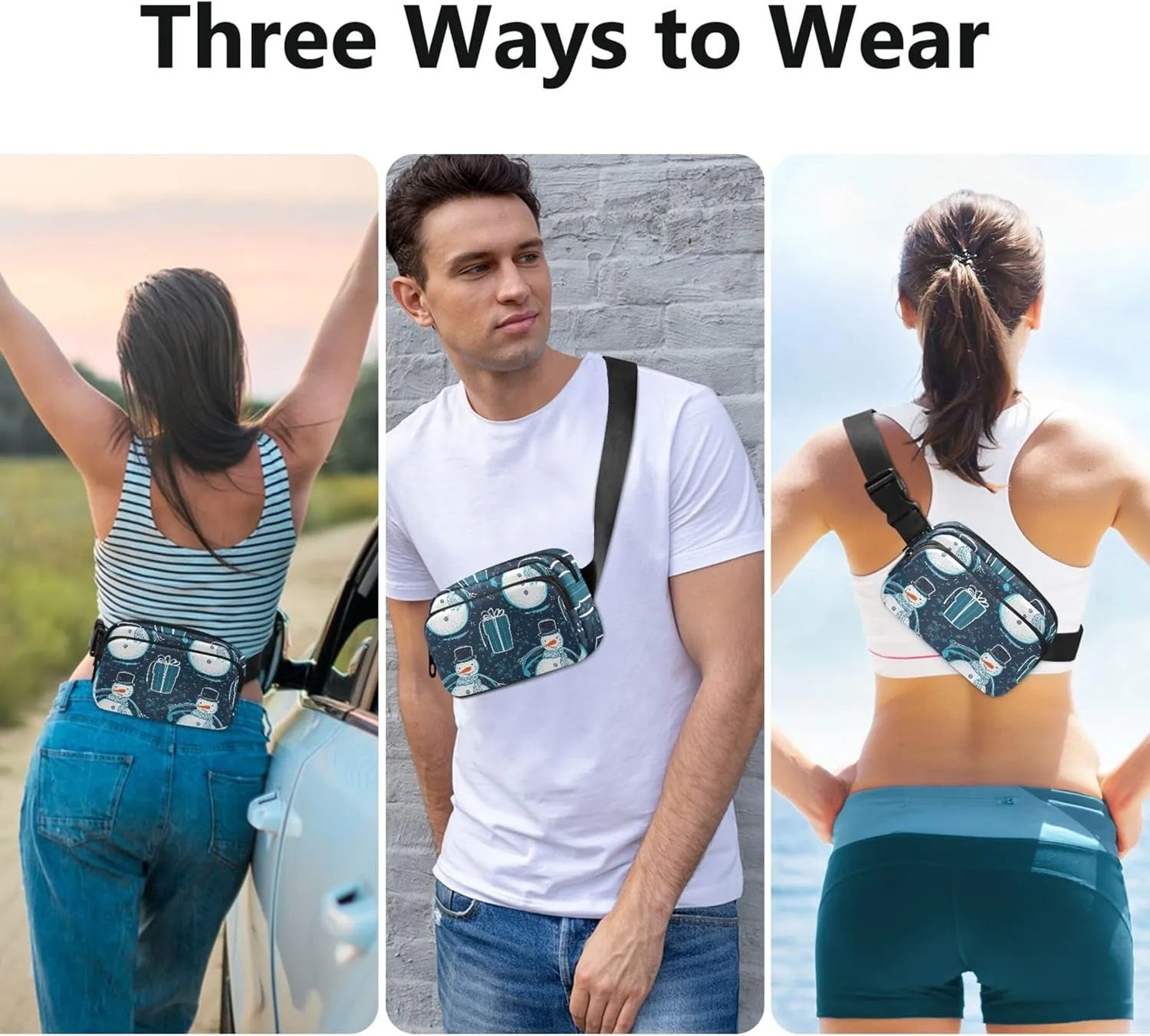 Snowman Christmas Gift Blue Women Fanny Pack Waterproof Belt Bag Hip Pouch Cute Travel Waist Pack for Men