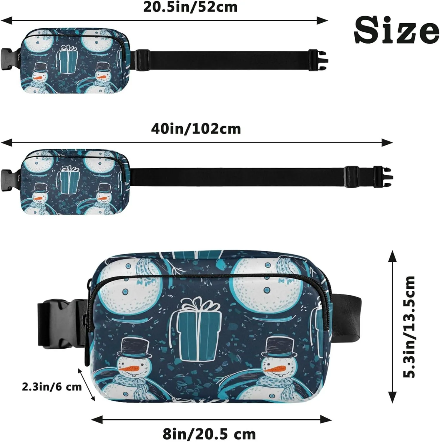 Snowman Christmas Gift Blue Women Fanny Pack Waterproof Belt Bag Hip Pouch Cute Travel Waist Pack for Men
