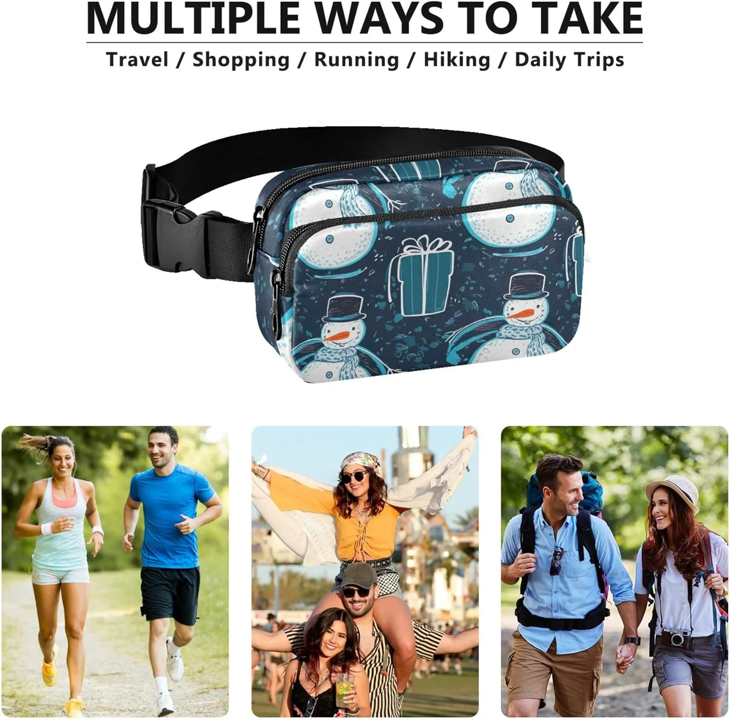 Snowman Christmas Gift Blue Women Fanny Pack Waterproof Belt Bag Hip Pouch Cute Travel Waist Pack for Men