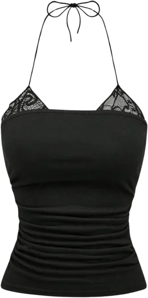 SOLY HUX Women's Lace Trim Halter Neck Tops Tie Backless Fitted Camisole Top Music Festival Party Clothes
