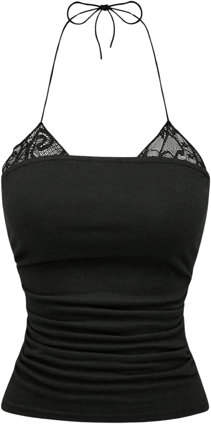 SOLY HUX Women's Lace Trim Halter Neck Tops Tie Backless Fitted Camisole Top Music Festival Party Clothes