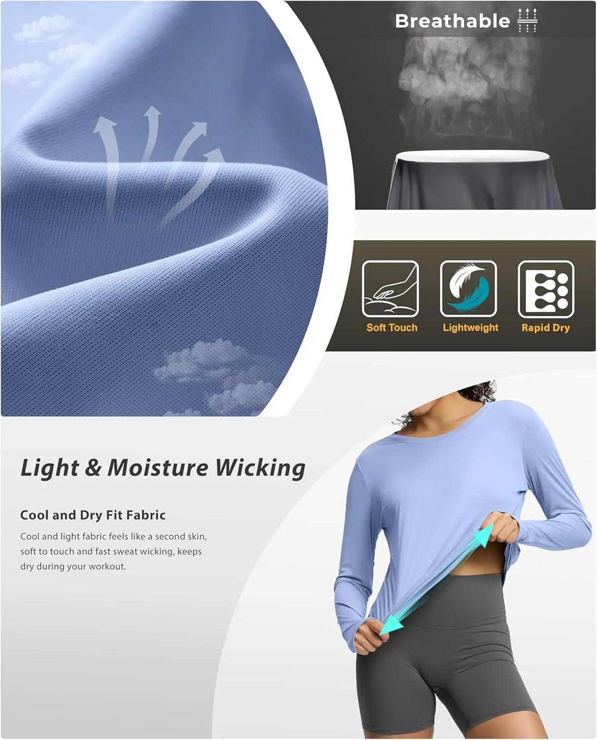 Soothfeel Lightweight Long Sleeve Workout Tops for Women Gym Running Athletic UPF 50  Sun Shirts Tees Moisture Wicking