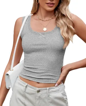 Square Neck Summer Ribbed Knit Cropped Tank Tops for Women,Trendy Y2K Tops Sleeveless Shirts Lace Trim