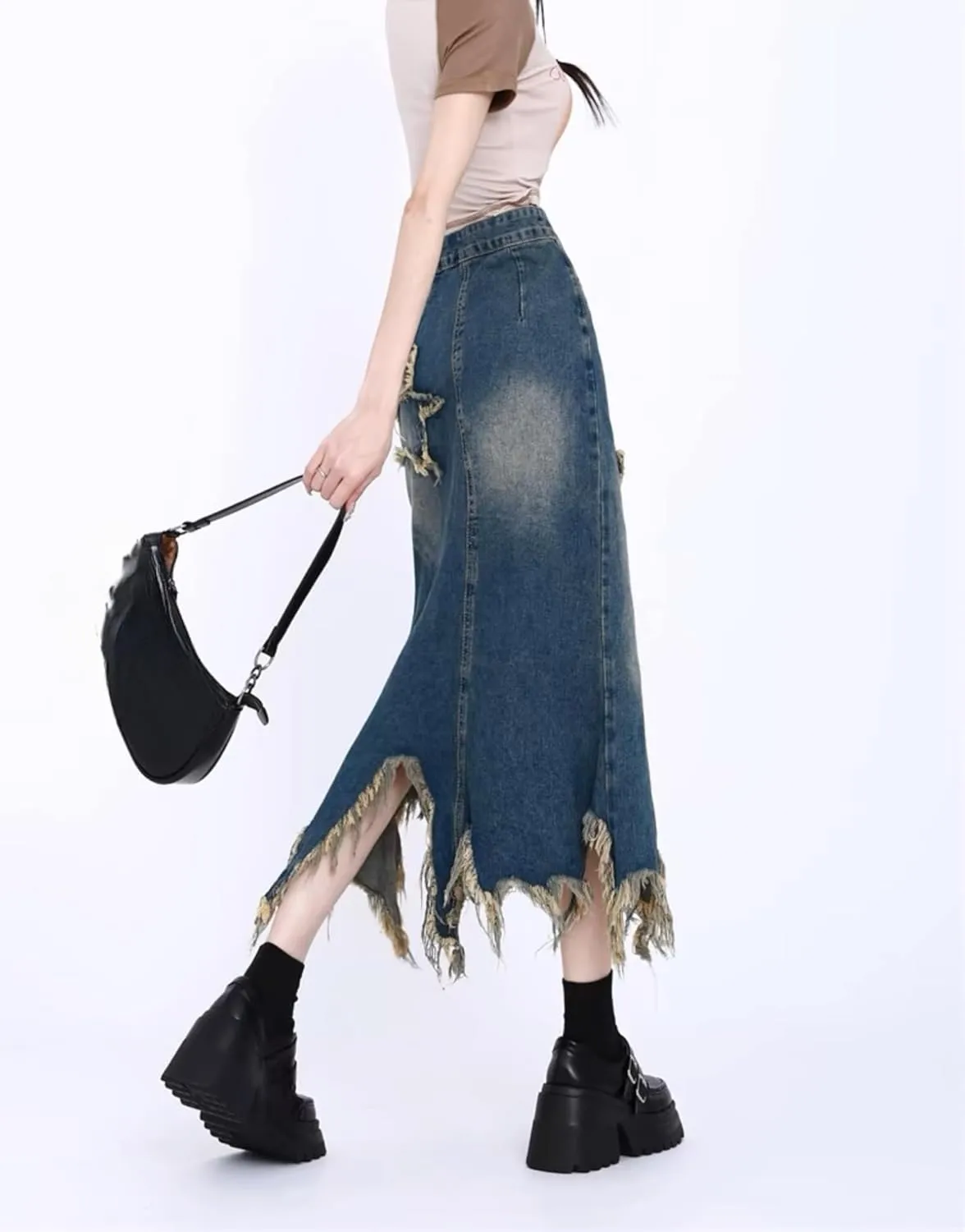 Star Patchwork Denim Fringe Skirt for Women-Y2k Denim Long Skirt, 2000s Fashion High Waisted Streetwear Club Dress