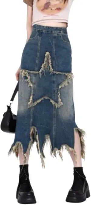 Star Patchwork Denim Fringe Skirt for Women-Y2k Denim Long Skirt, 2000s Fashion High Waisted Streetwear Club Dress