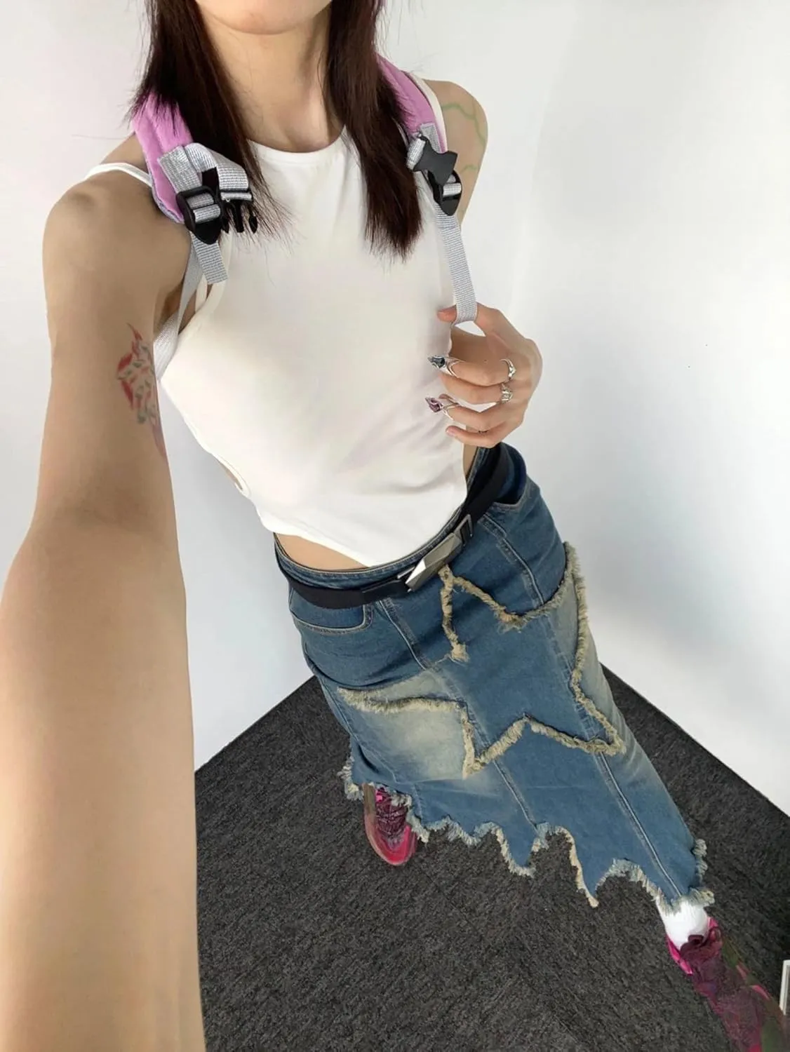 Star Patchwork Denim Fringe Skirt for Women-Y2k Denim Long Skirt, 2000s Fashion High Waisted Streetwear Club Dress