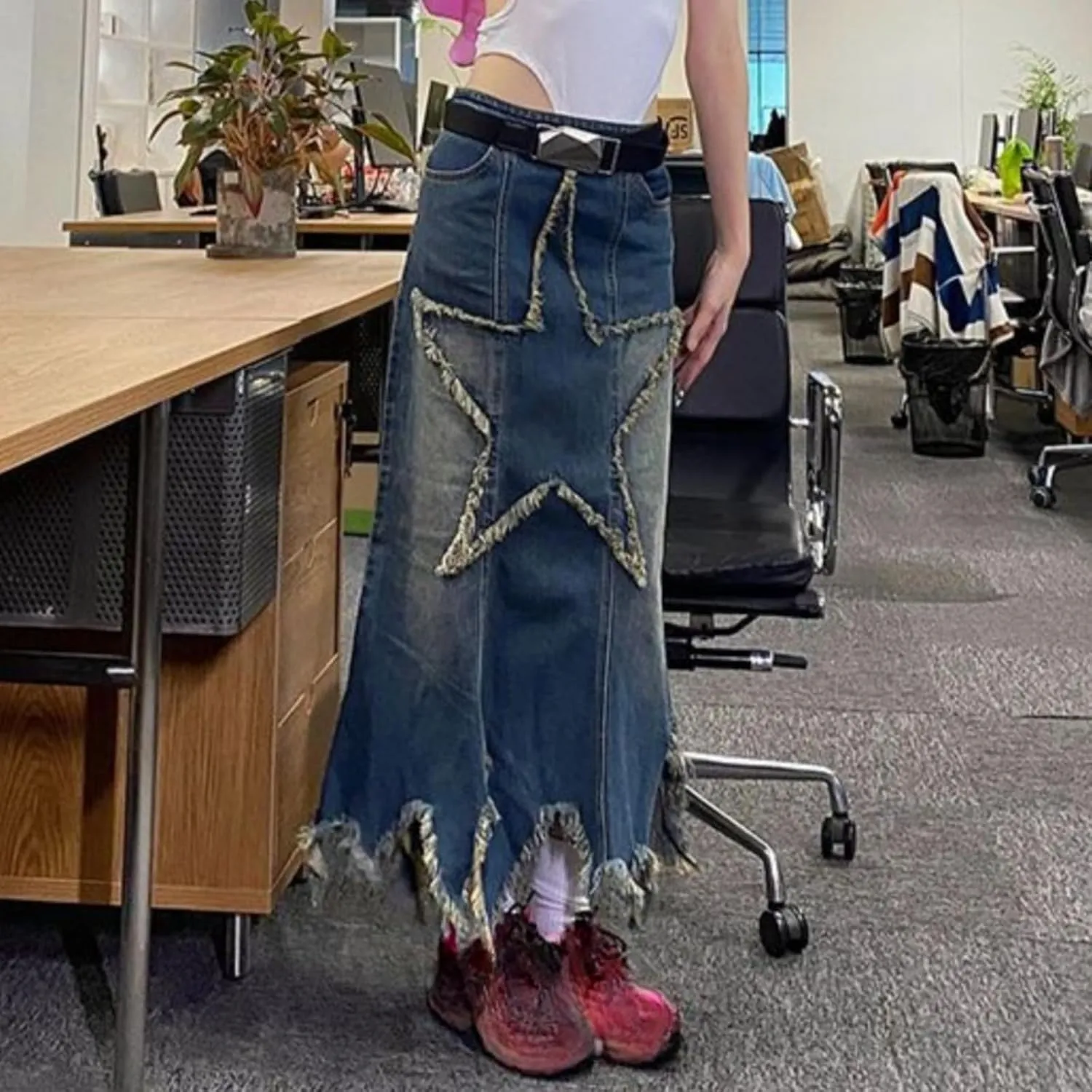 Star Patchwork Denim Fringe Skirt for Women-Y2k Denim Long Skirt, 2000s Fashion High Waisted Streetwear Club Dress