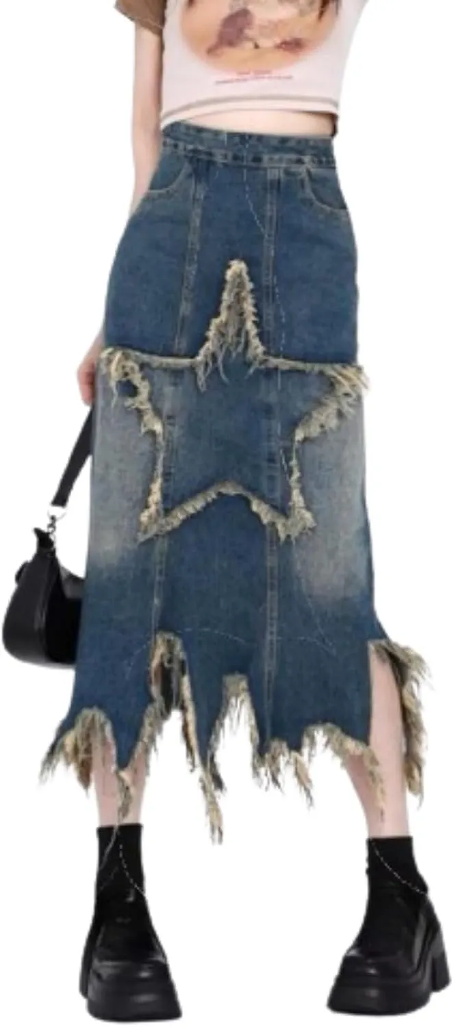 Star Patchwork Denim Fringe Skirt for Women-Y2k Denim Long Skirt, 2000s Fashion High Waisted Streetwear Club Dress