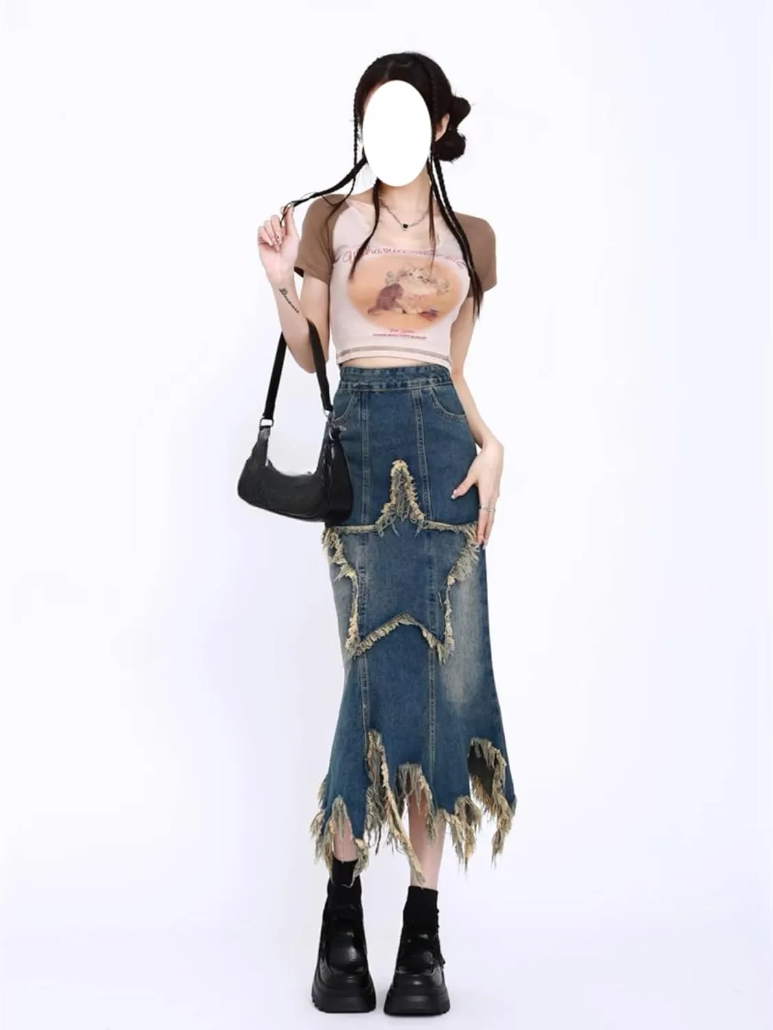 Star Patchwork Denim Fringe Skirt for Women-Y2k Denim Long Skirt, 2000s Fashion High Waisted Streetwear Club Dress