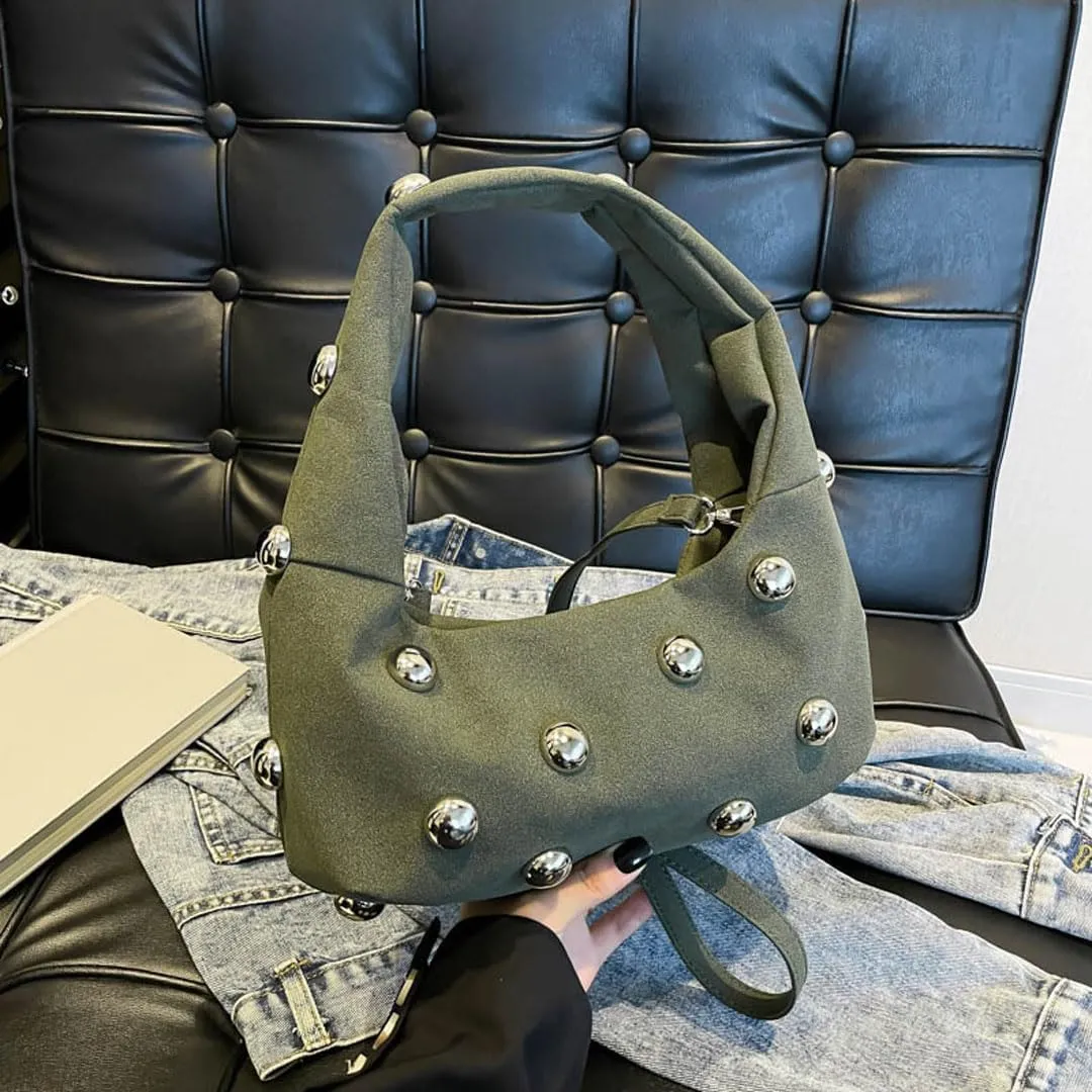 Studded Purse Suede Bags for Women Y2k Purse Crescent Shoulder Bag Suede Handbag Hobo Bag Fall Crossbody Bag Studded Bag