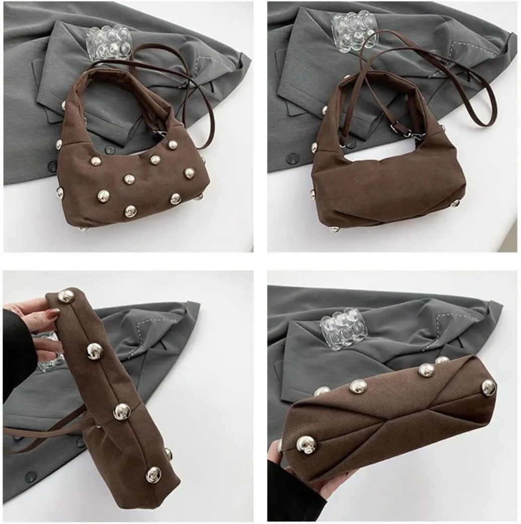 Studded Purse Suede Bags for Women Y2k Purse Crescent Shoulder Bag Suede Handbag Hobo Bag Fall Crossbody Bag Studded Bag