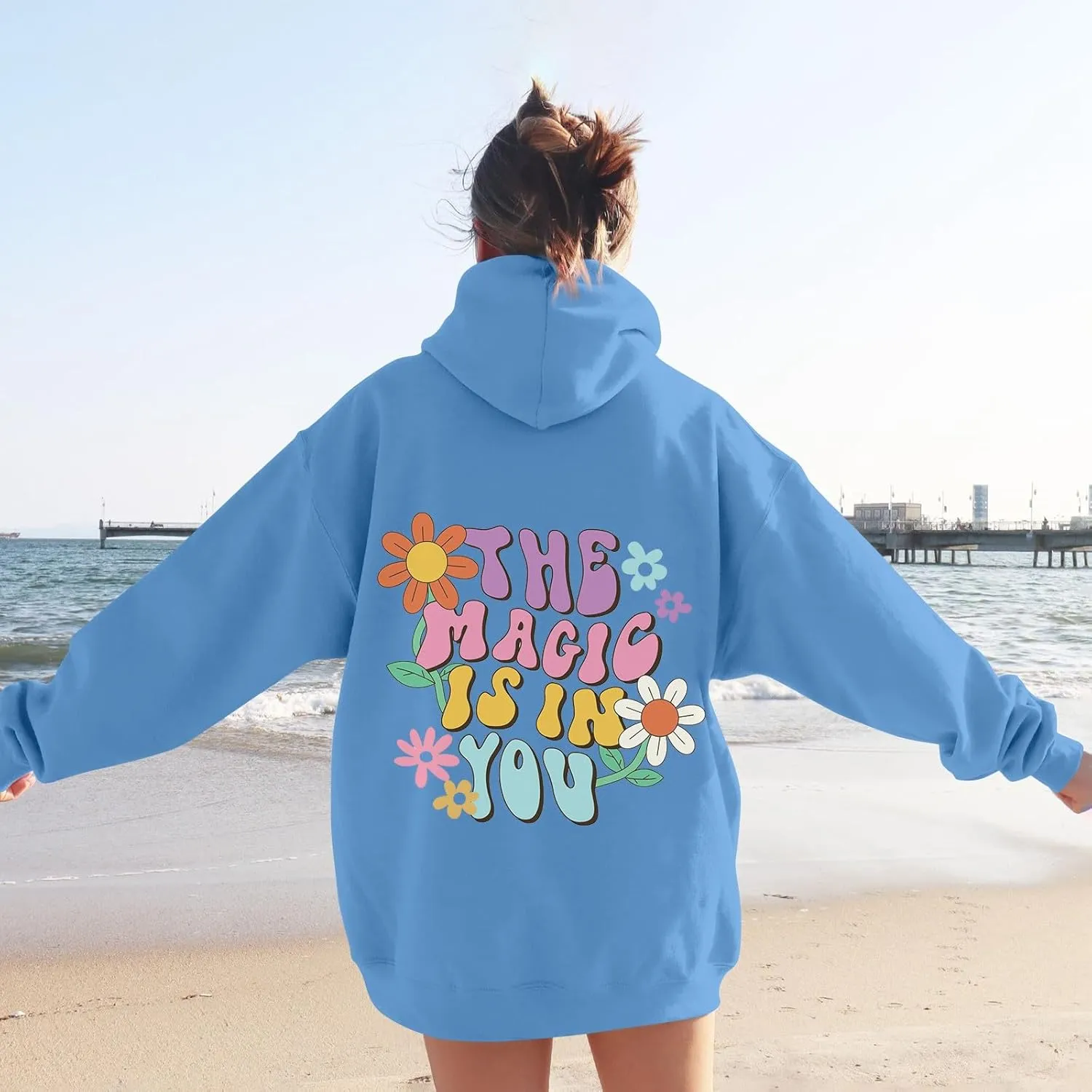 Sweatshirts For Women Long Sleeve Letter Print Casual Graphic Drawstring Pullover Cute Oversize Hoodie