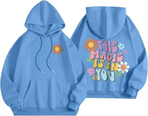 Sweatshirts For Women Long Sleeve Letter Print Casual Graphic Drawstring Pullover Cute Oversize Hoodie