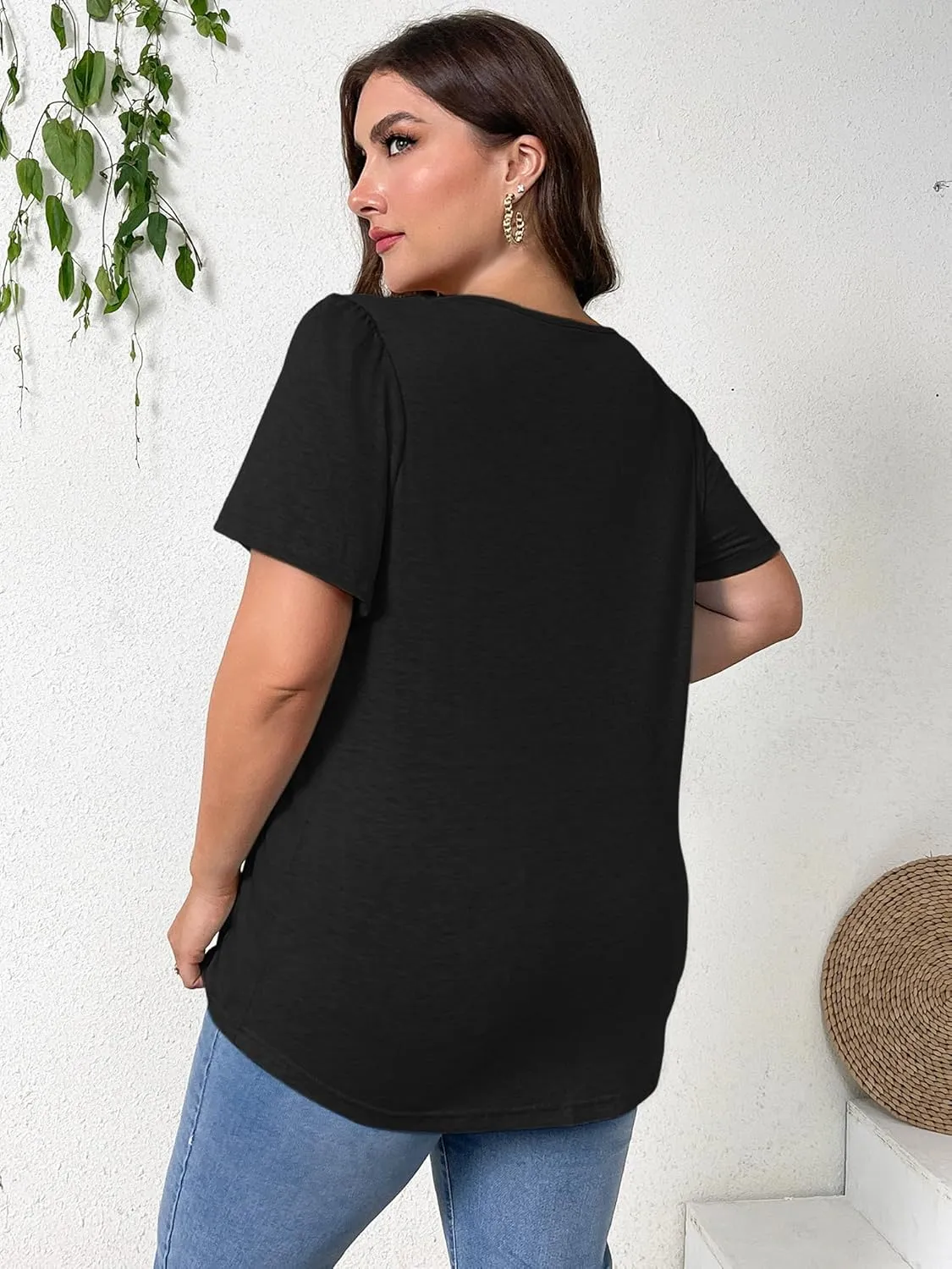 TAKEYAL Women's Plus Size Tunic Tops Front Pleated Floral Print Crew Neck Short Sleeve Casual Summer Tee Tshirt