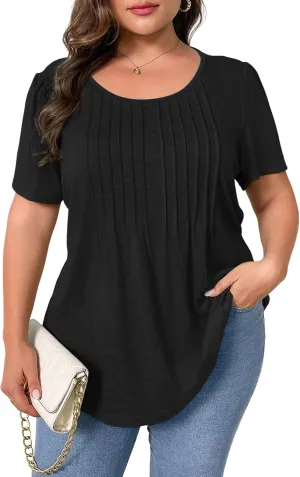 TAKEYAL Women's Plus Size Tunic Tops Front Pleated Floral Print Crew Neck Short Sleeve Casual Summer Tee Tshirt