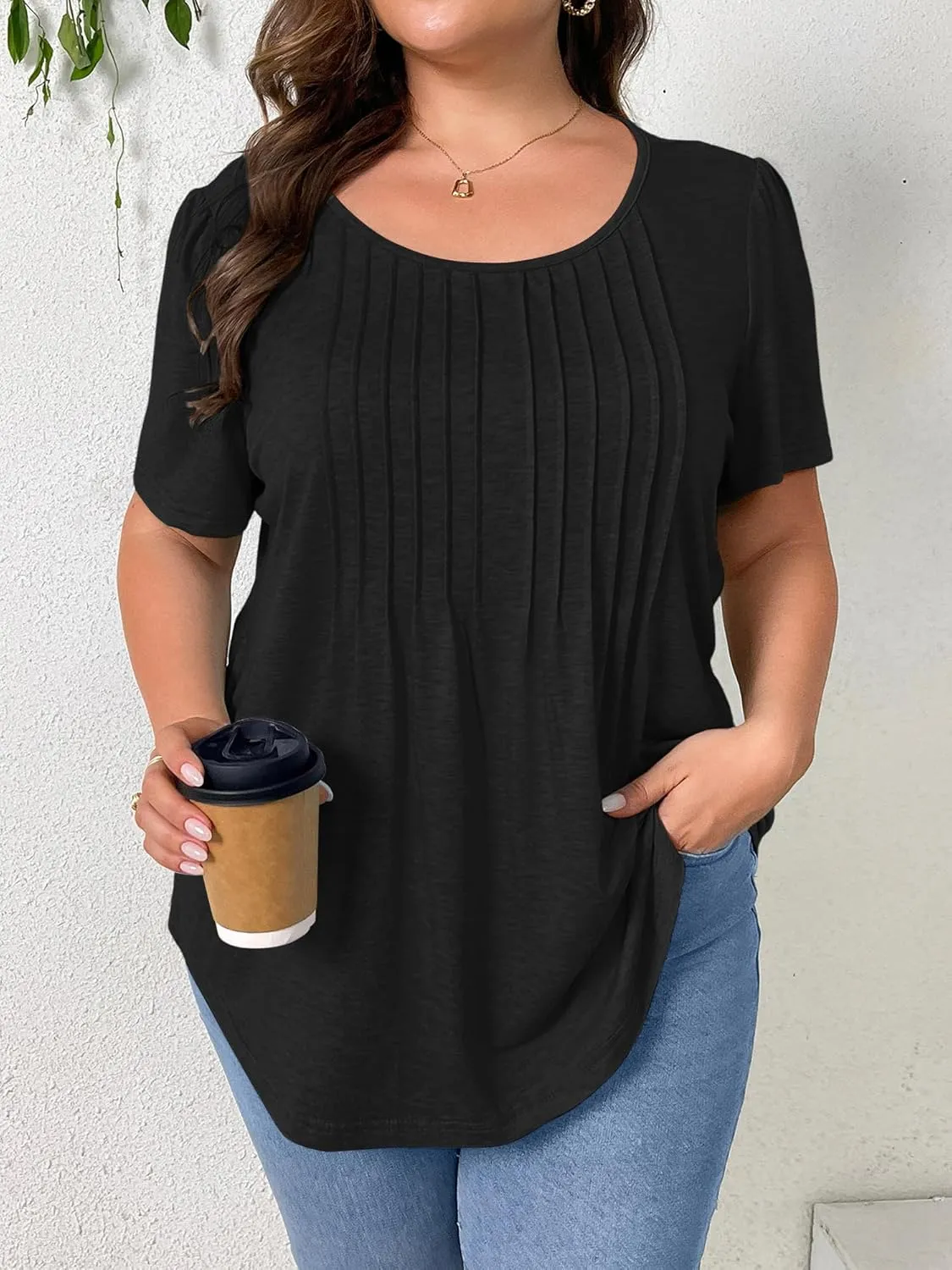 TAKEYAL Women's Plus Size Tunic Tops Front Pleated Floral Print Crew Neck Short Sleeve Casual Summer Tee Tshirt