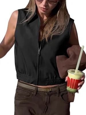 Tankaneo Womens Cropped Cargo Vest Tops Summer Trendy Sleeveless Zip Up Jacket Y2k Going Out Elastic Hem Outerwear