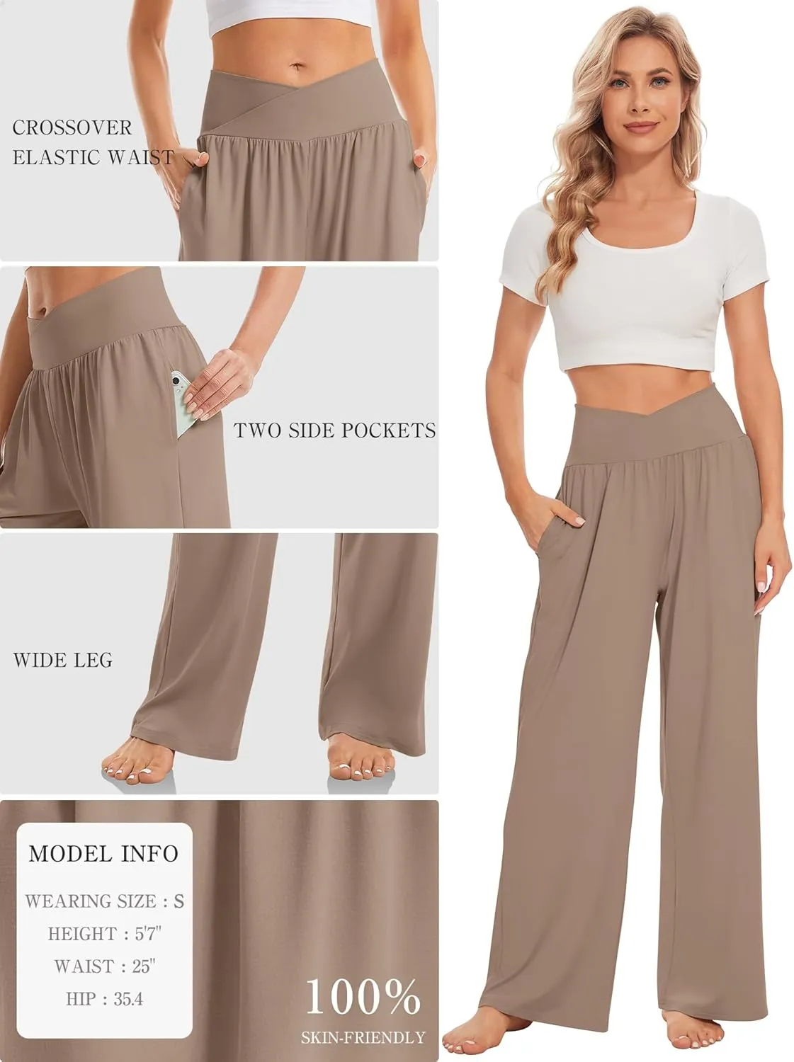 TARSE Women's Wide Leg Casual Loose Pants Yoga Sweatpants Comfy Crossover High Waisted Lounge Pajama Flowy Pants with Pockets