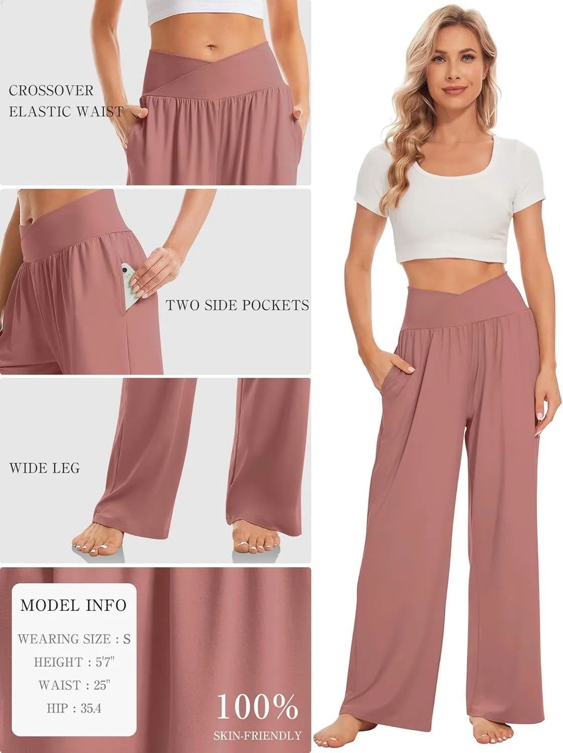 TARSE Women's Wide Leg Casual Loose Pants Yoga Sweatpants Comfy Crossover High Waisted Lounge Pajama Flowy Pants with Pockets