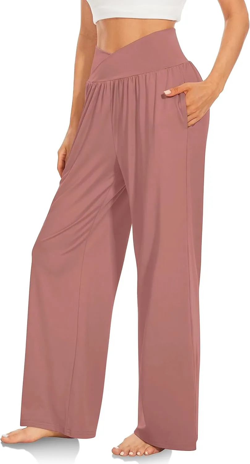 TARSE Women's Wide Leg Casual Loose Pants Yoga Sweatpants Comfy Crossover High Waisted Lounge Pajama Flowy Pants with Pockets