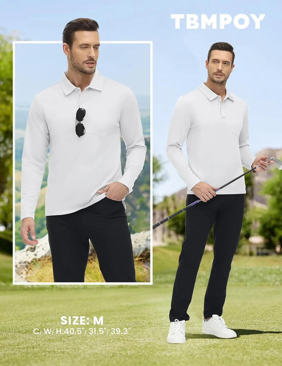 TBMPOY Men's Polo Shirts with Pocket Golf Long Sleeve Quick Dry Lightweight Collared Stylish Moisture Wicking Business Tennis