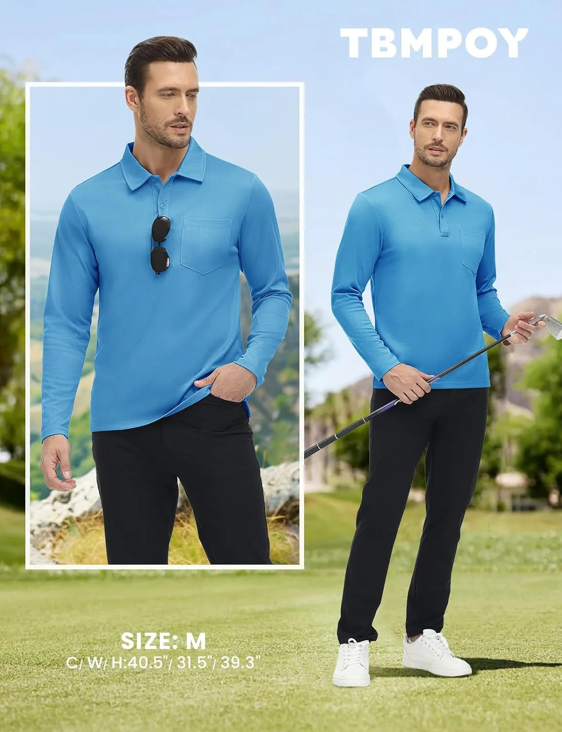 TBMPOY Men's Polo Shirts with Pocket Golf Long Sleeve Quick Dry Lightweight Collared Stylish Moisture Wicking Business Tennis