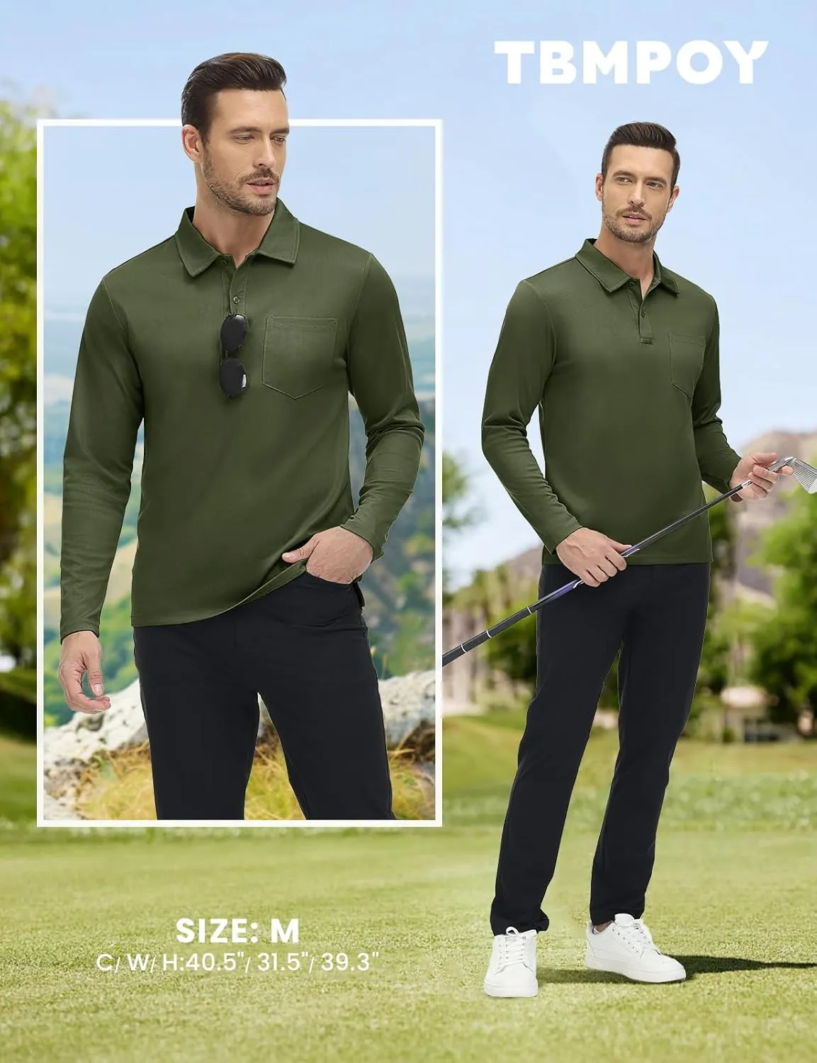 TBMPOY Men's Polo Shirts with Pocket Golf Long Sleeve Quick Dry Lightweight Collared Stylish Moisture Wicking Business Tennis