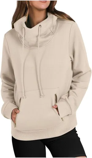 Top Coat for Women Long Sleeve Sweatshirts High Neck Hoodies Plain Daily Basic Tees Fall Dressy Casual Shirts
