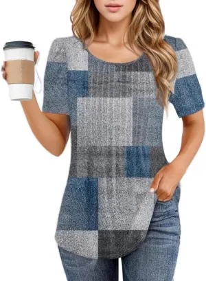 Tops for Women Trendy 2025 Crew Neck Pleated Short Sleeve Summer Hippie Top Casual Western Floral Boho Shirts