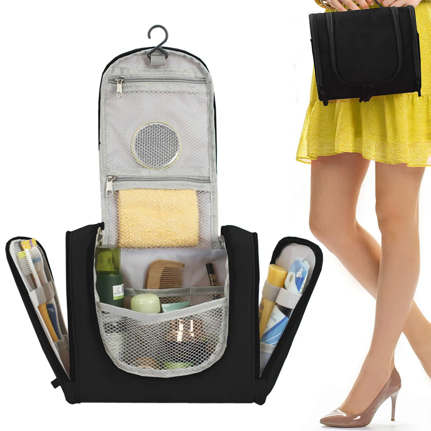 Travel Toiletry Bag, Makeup Cosmetic Shaving Organizer Kit, Great for Men and Women, Waterproof, Many Compartments, Compact Pouch, Portable Multi functional Hook for Hanging (black)