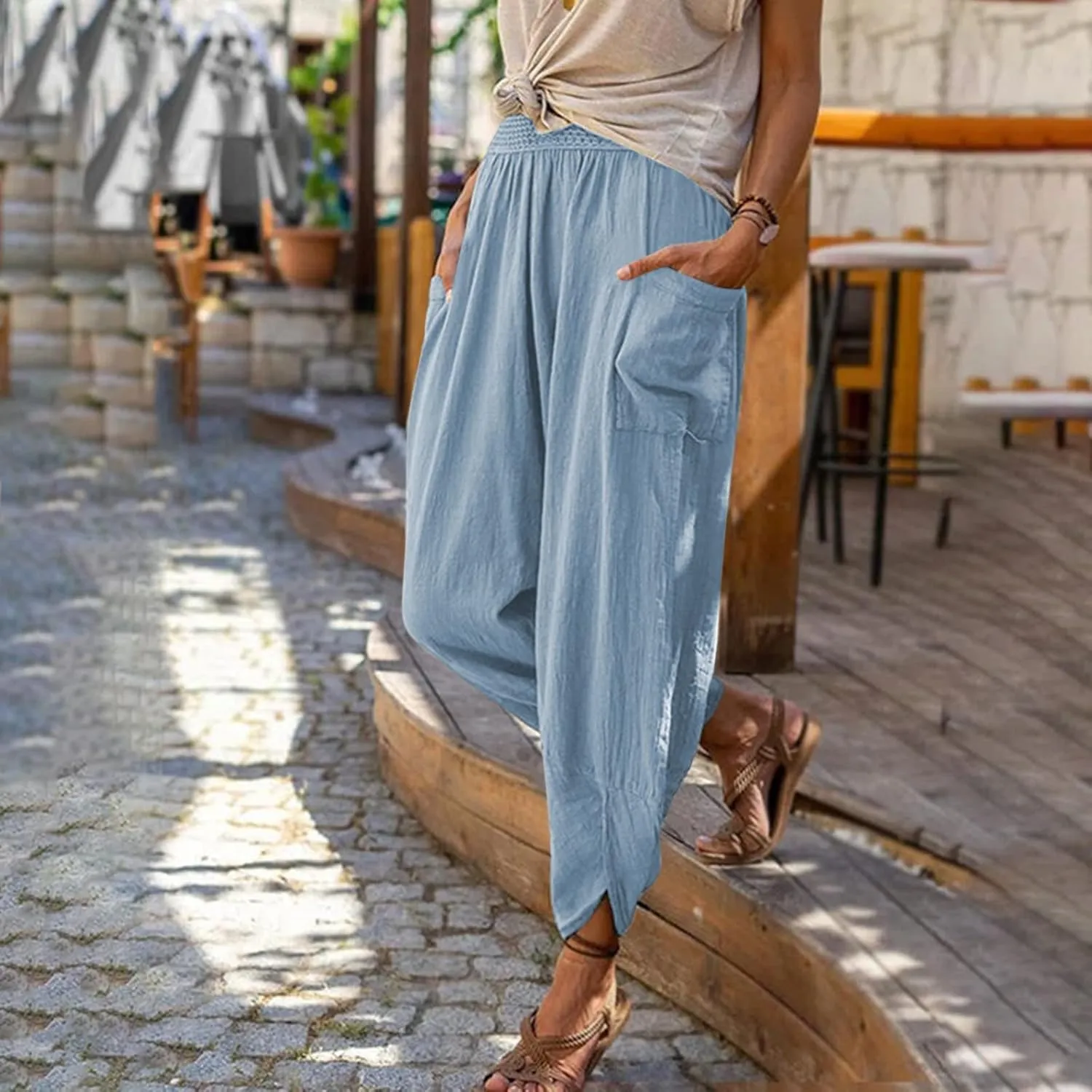 tuduoms Women's Linen Tapered Pants Comfy Casual Cropped Elastic Waist Beach Trousers Summer Lightweight Baggy Harem Pants