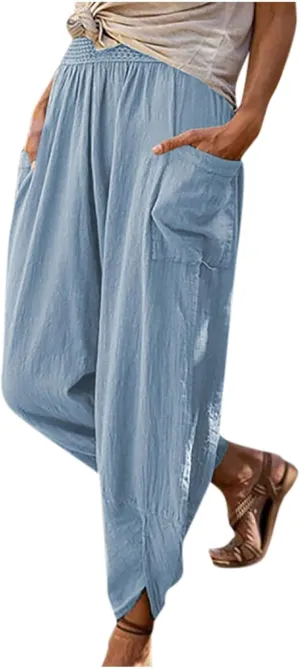 tuduoms Women's Linen Tapered Pants Comfy Casual Cropped Elastic Waist Beach Trousers Summer Lightweight Baggy Harem Pants