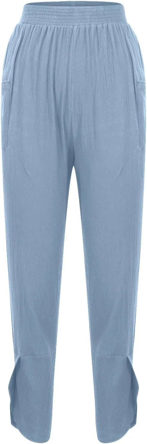 tuduoms Women's Linen Tapered Pants Comfy Casual Cropped Elastic Waist Beach Trousers Summer Lightweight Baggy Harem Pants