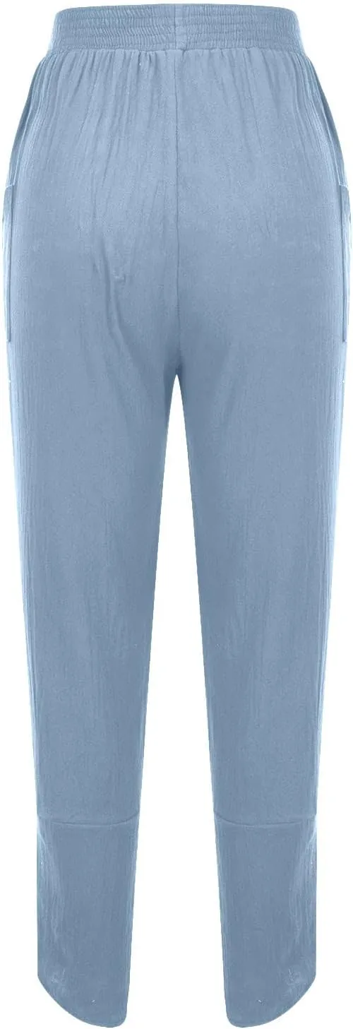 tuduoms Women's Linen Tapered Pants Comfy Casual Cropped Elastic Waist Beach Trousers Summer Lightweight Baggy Harem Pants