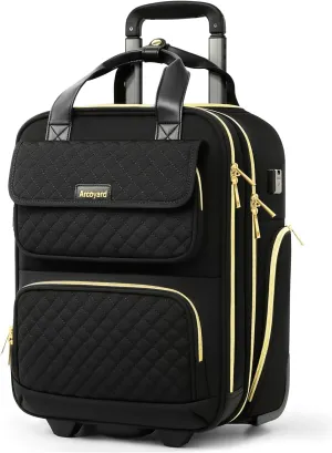 Underseat Carry On Luggage with Wheels, Airline Approved Personal Item Bag, 17-Inch Multi-functional Rolling Bag, Lightweight Overnight Suitcase for Women, Bussiness, Travel, Black