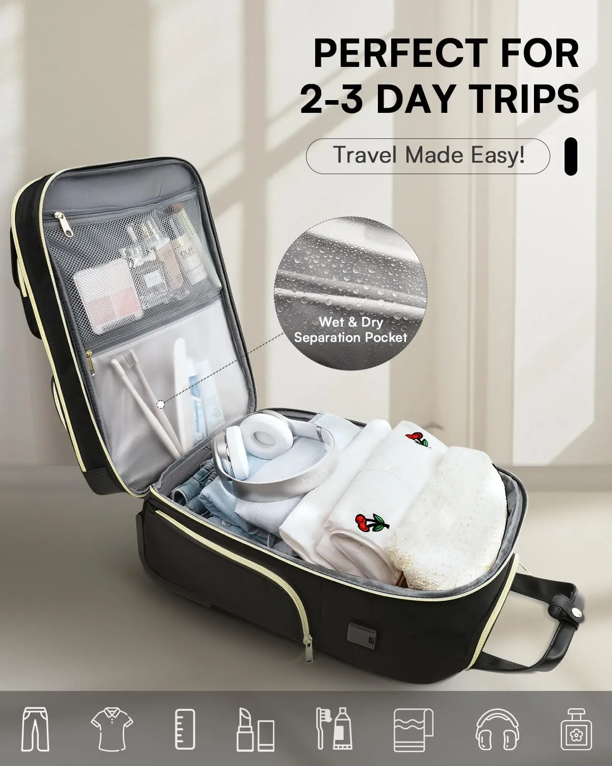 Underseat Carry On Luggage with Wheels, Airline Approved Personal Item Bag, 17-Inch Multi-functional Rolling Bag, Lightweight Overnight Suitcase for Women, Bussiness, Travel, Black
