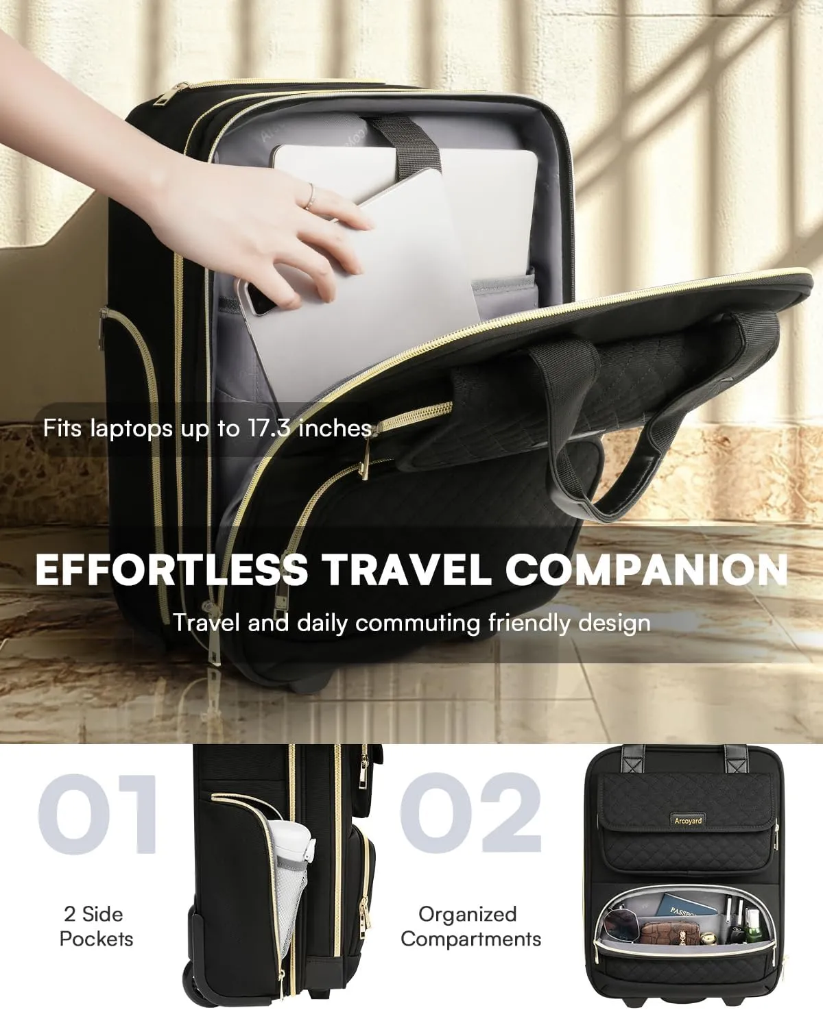 Underseat Carry On Luggage with Wheels, Airline Approved Personal Item Bag, 17-Inch Multi-functional Rolling Bag, Lightweight Overnight Suitcase for Women, Bussiness, Travel, Black