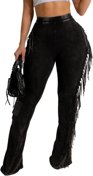 Unybwonn Fringe Pants Women High Waist Side Tassel Funky Flare Leggings Bodycon Lounge Stretchy Hippie Yoga Trousers