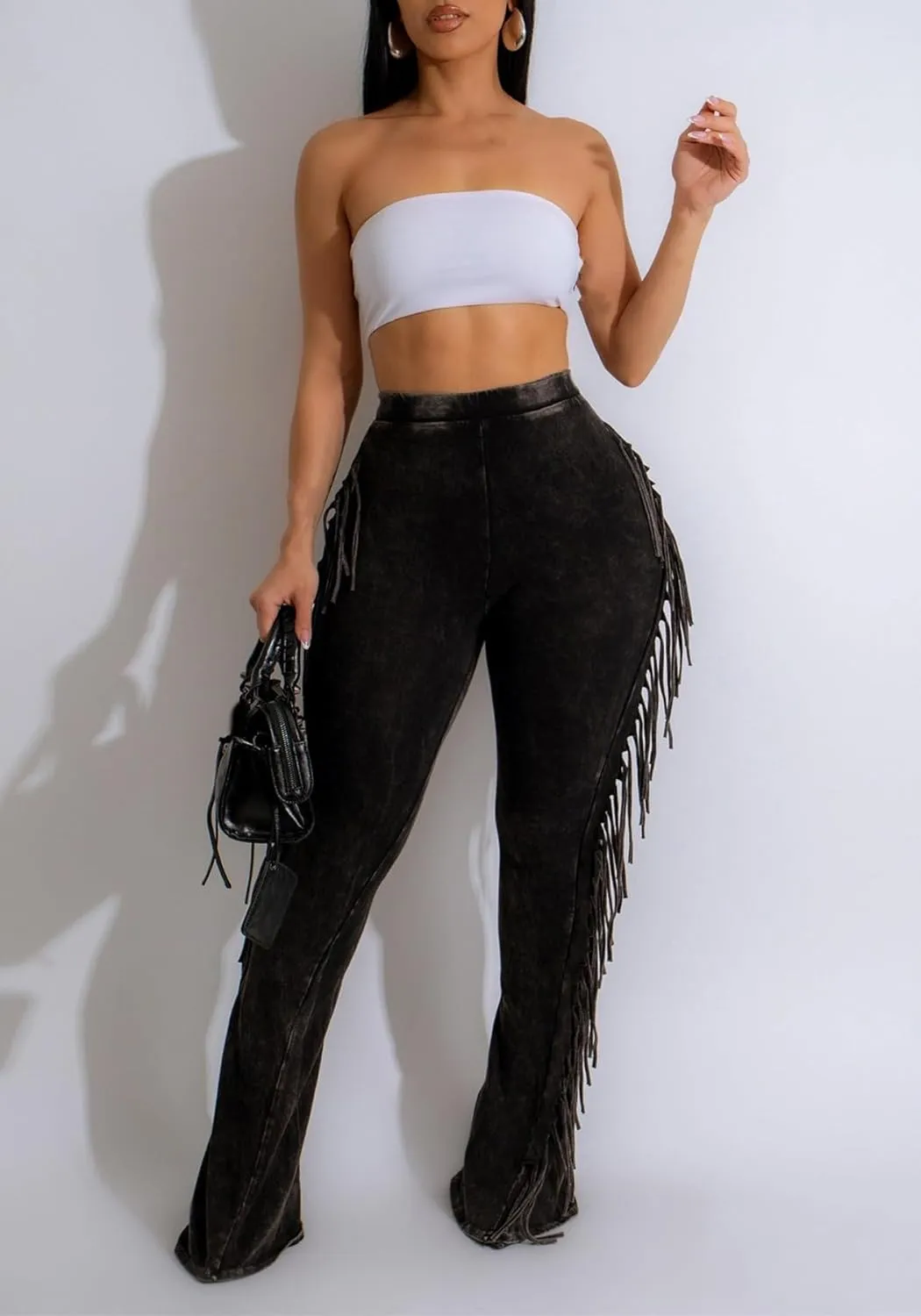Unybwonn Fringe Pants Women High Waist Side Tassel Funky Flare Leggings Bodycon Lounge Stretchy Hippie Yoga Trousers
