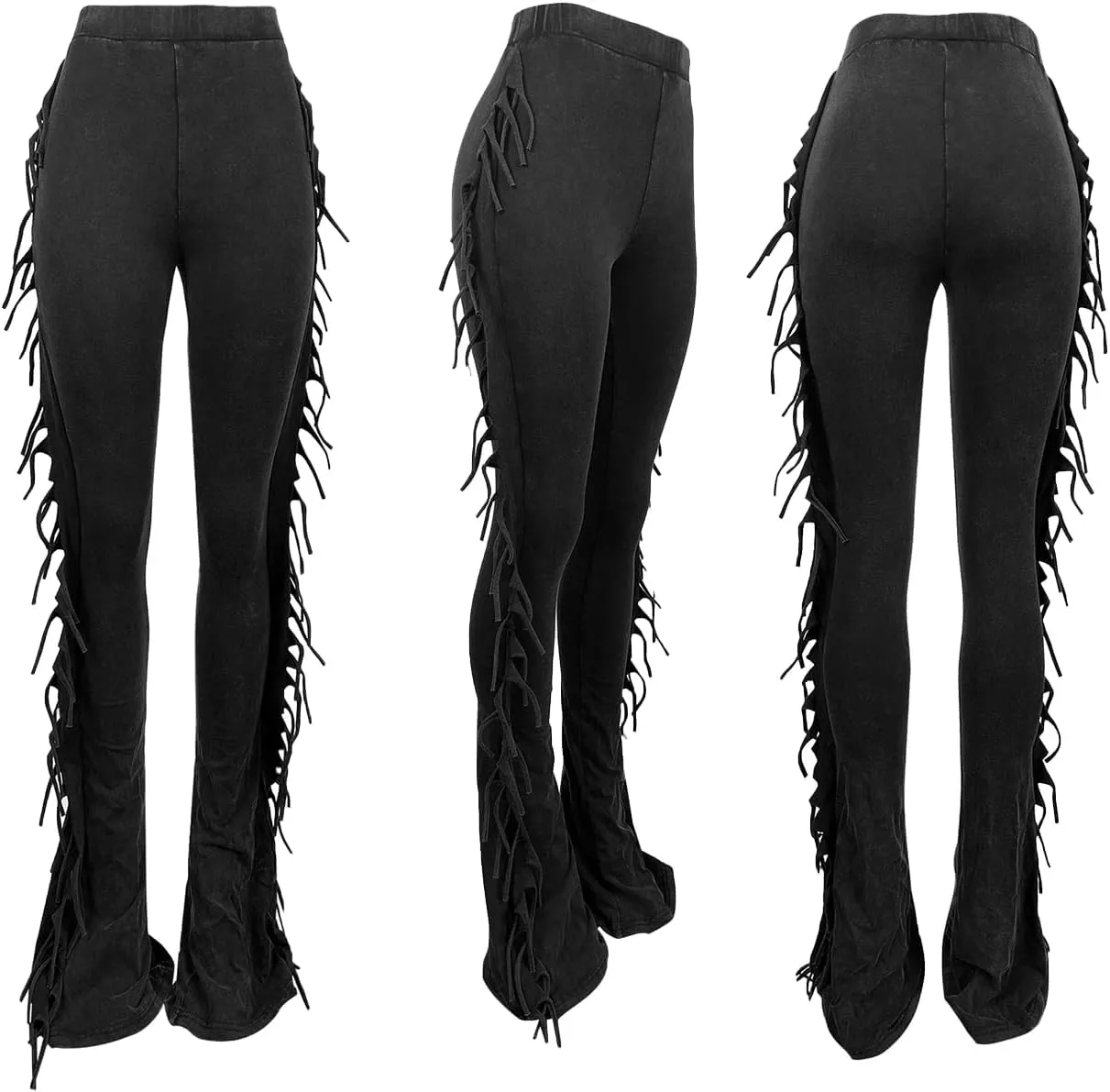 Unybwonn Fringe Pants Women High Waist Side Tassel Funky Flare Leggings Bodycon Lounge Stretchy Hippie Yoga Trousers