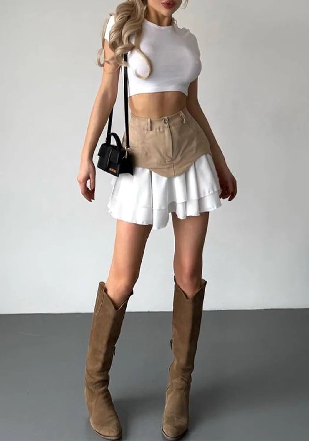 Unybwonn Pleated Denim Skirt Ruffle Flared Flowy Patchwork Jean Mini Skirt High Waist A-Line Y2k Short Skirt