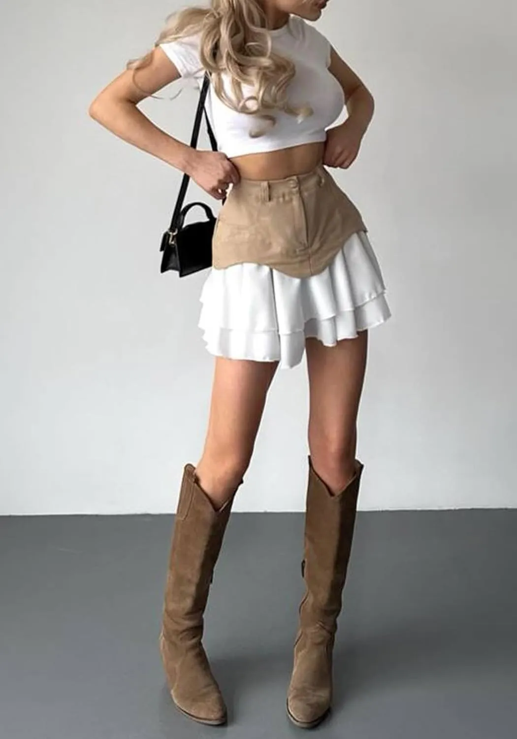 Unybwonn Pleated Denim Skirt Ruffle Flared Flowy Patchwork Jean Mini Skirt High Waist A-Line Y2k Short Skirt